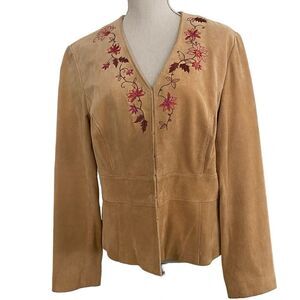 Bandolino Carmel Tan Suede 100% Leather Embroidered Blazer Jacket Size 16